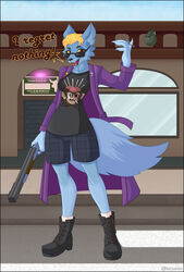  anthro bathrobe blonde_hair blue_body blue_fur boots canid canine clothing explosives eyewear female footwear fox fur grenade gun hair hi_res mammal postal_(series) postal_4 ranged_weapon robe rocueto running_with_scissors_(company) shotgun solo speech_bubble sunglasses throwing_object victoria_voss weapon yellow_eyes 