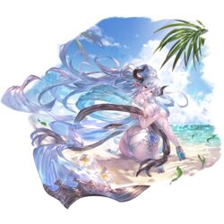  alpha_transparency ass beach bikini blue_hair breasts cloud day draph falling_leaves female flower granblue_fantasy hair_between_eyes hair_ornament high_heels horns izmir izmir_(summer)_(granblue_fantasy) large_breasts leaf long_hair looking_at_viewer looking_back minaba_hideo mole mole_under_mouth ocean official_alternate_costume official_art open_mouth outdoors pointy_ears ponytail red_eyes sand sideboob silver_bikini sitting sky smile snowflake_hair_ornament solo swimsuit transparent_background very_long_hair white_flower 