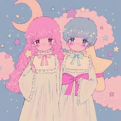  1boy blue_eyes blue_hair blush bow cloud crescent_moon expressionless female frilled_sleeves frills highres holding holding_wand kiki_(little_twin_stars) lala_(little_twin_stars) little_twin_stars long_hair looking_at_viewer maumauma_mau moon nightgown otoko_no_ko pink_eyes pink_hair sanrio short_hair standing star_(sky) star_(symbol) star_wand starry_moon wand yume_kawaii 