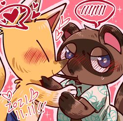  2021 angry animal_crossing anthro blue_eyes blush blush_symbol canid canine closed_eyes crazy_redd dated duo embarrassed food fox heart_reaction heart_symbol heart_triplet hi_res male male/male mammal multi_heart_reaction nintendo outline_heart pictographics pocky pocky_and_pretz_day pocky_game pocky_in_mouth raccoon_dog shandrawaka signature speech_bubble tanuki text_with_heart tom_nook_(animal_crossing) 