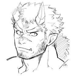  1boy bara broken_horn chest_hair cropped_shoulders facial_hair frown greyscale harada_(basashi) horns long_sideburns looking_at_viewer male_focus mature_male monochrome monster_boy muscular muscular_male oerba_yun_fang oni_horns orgus_(f-kare) portrait scar scar_on_chest short_hair shoukan_yuusha_to_f-kei_kareshi sideburns solo stubble thick_eyebrows tied_hair tusks upper_body 