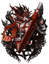  1boy belt black_gloves brown_hair chains claws commentary_request cross dragon_install english_text fire gloves guilty_gear guilty_gear_xrd holding holding_weapon long_hair looking_at_viewer male_focus multiple_belts ponytail re_(re_09) red_eyes simple_background sol_badguy transformation weapon white_background 