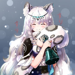  animal_ear_fluff animal_ears arknights bell braid closed_eyes closed_mouth commentary female grey_hair hair_between_eyes handbell happy holding holding_bell hugging_own_tail hugging_tail long_hair nitchi pramanix_(arknights) smile snow snow_leopard_ears snow_leopard_girl snow_leopard_tail snowing solo tail upper_body very_long_hair 