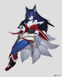  ahri_(league_of_legends) animal_ears animal_hands animal_nose artist_name bare_shoulders blue_fur blue_hair body_fur breasts claws cleavage closed_mouth commentary english_commentary facial_mark female flower_knot fox_ears fox_girl fox_tail full_body furrification furry furry_female grey_background hand_up highres japanese_clothes kimono kitsune large_breasts league_of_legends legs_together long_hair long_sleeves looking_at_viewer mixed-language_commentary multiple_tails off_shoulder pawpads red_kimono sash short_kimono sidelocks simple_background slit_pupils snout solo tail tassel twitter_username two-tone_fur uyu_(soda_uyu) watermark whisker_markings white_fur wide_sleeves yellow_eyes 