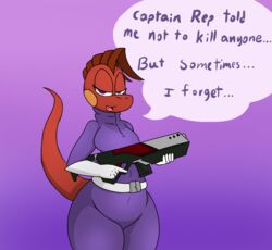  anthro clothing english_text female gloves gun handwear hi_res iguana iguanasarecool iguanid lizard nella_(iguanasarecool) open_mouth ranged_weapon red_body red_skin reptile scalie simple_background solo standing sub-tympanic_shield suit text weapon 