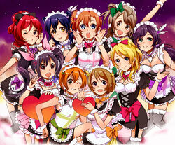  6+girls ayase_eli bad_id bad_pixiv_id black_hair blonde_hair blue_eyes blush bow brown_eyes brown_hair crossed_arms everyone green_eyes hairbow hoshizora_rin koizumi_hanayo kosaka_honoka leaning_forward long_hair looking_at_viewer love_live! love_live!_school_idol_project maid masaki_(celesta) minami_kotori mogyutto_&quot;love&quot;_de_sekkin_chuu! multiple_girls nishikino_maki one_eye_closed one_side_up open_mouth own_hands_together purple_eyes red_hair short_hair skirt smile sonoda_umi thighhighs tojo_nozomi twintails v yazawa_nico 