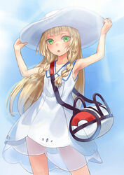  armpits arms_up bag blonde_hair braid commentary_request doonatsu. dress duffel_bag female green_eyes hat highres lillie_(pokemon) long_hair open_mouth pokemon pokemon_sm see-through sleeveless sleeveless_dress solo sun_hat twin_braids white_dress white_hat 