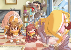  all_fours animalization bangs black_eyes black_hair blush book bookshelf bovine brown_eyes brown_hair checkboard cloud clouds ear edmol embarrassed hooves hooves horns open_mouth original pajamas panties plate red_hair sweat tail tears television torn_clothes transformation tree udder underwear window 