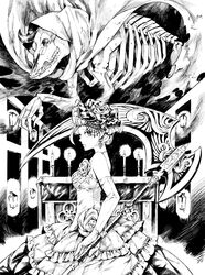  bad_id bad_pixiv_id dress female flower greyscale monochrome original photoshop_(medium) ritsuko_(rittii) scythe skeleton solo 