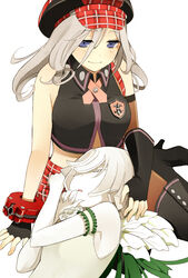  2girls alisa_ilinichina_amiella asymmetrical_clothes bad_id bad_pixiv_id bare_shoulders blue_eyes blush boots cha_(cha0-0) chiot_(god_eater) closed_eyes elbow_gloves fingerless_gloves fingernails flower gloves god_eater god_eater_burst hair_between_eyes hat lap_pillow long_fingernails long_hair multiple_girls pale_skin pantyhose short_hair simple_background sitting skirt sleeping smile thigh_boots thighhighs vest white_hair yokozuwari 