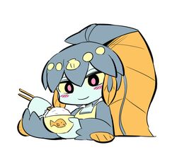  animated apron blue_body blue_skin blush bowl chopsticks clothing container dagonian eating female fish food humanoid marine minette noseless open_mouth pink_eyes rice short_playtime simple_background skullgirls smile solo wat_son_(artist) white_background yellow_sclera 