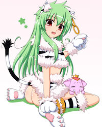  animal_ears animal_hands ass cat_ears cat_tail commentary_request earrings female gaen green_hair jewelry koihime_musou long_hair moukaku oerba_yun_fang open_mouth photoshop_(medium) red_eyes sitting smile solo tail wariza 