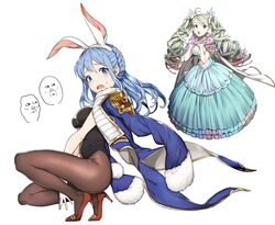  2girls :o animal_ears aqua_hair bad_id bad_twitter_id blush braid breasts cleavage de_la_fille dress drill_hair from_side gloves gradient_hair granblue_fantasy green_hair high_heels jacket jacket_on_shoulders looking_at_viewer medium_breasts mikurou_(nayuta) multicolored_hair multiple_girls pantyhose playboy_bunny rabbit_ears red_hair squatting therese_(granblue_fantasy) twintails 