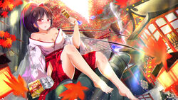  alcohol asahi_breweries bare_shoulders barefoot beer beer_can black_hair blush breasts calbee_(potato_chips) can cleavage commentary_request drink_can dutch_angle female food hakama hakama_skirt highres hip_vent japanese_clothes kuroame_(kurinohana) leaf long_hair looking_at_viewer maple_leaf medium_breasts miko no_panties off_shoulder original parted_lips ponytail potato_boy_(calbee) red_eyes red_hakama scenery skirt solo_focus yakitori 