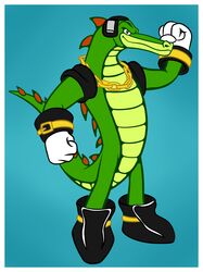  2015 4_fingers anthro biped boots border chains clothing crocodile crocodilian crocodylid electronics fingers fist flexing footwear gloves green_body green_skin handwear headphones hi_res looking_at_viewer male mostly_nude reptile scalie sega simple_background solo sonic_the_hedgehog_(series) standing teal_background toony vector_the_crocodile white_border x231_(artist) 