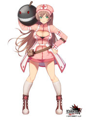  bomb breasts brown_hair character_request cherry_bomb cleavage cleavage_cutout clothing_cutout commentary_request dated dress explosive female grand_harem green_eyes hat large_breasts long_hair long_sleeves nurse nurse_cap official_art original overskirt pink_dress pokachu solo very_long_hair 