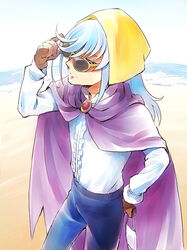  1boy bad_id bad_pixiv_id baritone_(suite_precure) beach bishounen blue_eyes blue_hair cape commentary_request gloves hand_on_own_hip kurochiroko light_blue_hair long_hair looking_at_viewer male_focus ocean photoshop_(medium) precure solo suite_precure sunglasses 