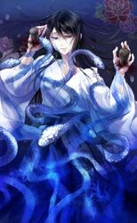  bad_id bad_pixiv_id black_hair blood blue_hakama fatal_frame fatal_frame_3 female hakama hakama_skirt japanese_clothes koko_(oyasuminasai) long_hair lying mole skirt snake solo stake tattoo tears yukishiro_reika 