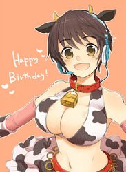  animal_ears animal_print bell blush breasts brown_eyes brown_hair cleavage collar commentary_request cow_ears cow_girl cow_horns cow_print cowbell female happy_birthday headset horns idolmaster idolmaster_cinderella_girls large_breasts looking_at_viewer navel neck_bell oikawa_shizuku open_mouth pekosuke short_hair smile solo 