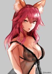  akasakak animal_ears babydoll bare_shoulders black_babydoll blush breasts cleavage commentary_request fate/extra fate_(series) female fox_ears highres lingerie long_hair looking_at_viewer medium_breasts parted_lips pink_eyes pink_hair solo tamamo_(fate) tamamo_no_mae_(fate/extra) underwear 