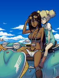  2girls blonde_hair blue_eyes boots breasts brown_hair chains cleavage cross dark-skinned_female dark_skin dress earrings eyewear_on_head hatchin_morenos hoop_earrings jewelry kinuko_(kinucakes) large_breasts lolicon long_hair michiko_malandro michiko_to_hacchin motor_vehicle multiple_girls on_scooter photoshop_(medium) scooter shorts sitting sunglasses tattoo twintails 