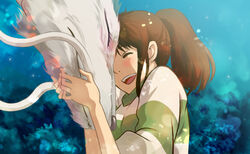  alternate_form animal animal_hug bad_id bad_pixiv_id brown_hair closed_eyes cuddling dragon female forehead-to-forehead forest haku_(sen_to_chihiro_no_kamikakushi) happy heads_together hug long_hair nature ogino_chihiro photoshop_(medium) ponytail sen_to_chihiro_no_kamikakushi smile striped wooga 