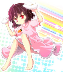  :/ animal_ears barefoot black_hair carrot carrot_necklace commentary_request female inaba_tewi jewelry legs looking_at_viewer morioka_itari necklace pendant rabbit_ears red_eyes short_hair sitting solo touhou 