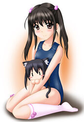  2girls animal_ears black_hair brown_eyes cat_ears chibi commentary_request crossover doll k-on! kneeling long_hair multiple_girls nakano_azusa neopure one-piece_swimsuit photokano photoshop_(medium) sakura_mai_(photokano) school_swimsuit sitting socks swimsuit twintails wariza 