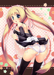  ass bad_id bad_pixiv_id bare_shoulders black_thighhighs blonde_hair blush clothes_lift detached_sleeves female from_behind green_eyes headdress hirose_madoka leaning_forward long_hair looking_back open_mouth original panties photoshop_(medium) skirt skirt_lift solo thighhighs twintails underwear very_long_hair wet wet_clothes white_panties 