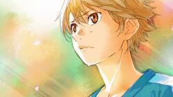  1boy brown_eyes brown_hair closed_mouth frown light_rays looking_afar looking_to_the_side male_focus official_art petals portrait serious shigatsu_wa_kimi_no_uso shirt solo sweat t-shirt watari_ryouta 