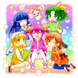  5girls :d :o ;&gt; ahoge aoki_reika black_eyes blonde_hair blue_hair bow candy_(smile_precure!) closed_eyes commentary_request creature dress green_eyes green_hair green_shirt hair_ornament hairband hairbow hairclip heart hino_akane_(smile_precure!) hoshizora_miyuki long_hair midorikawa_nao multiple_girls one_eye_closed open_mouth orange_eyes orange_hair orange_shirt pink_bow pink_vest precure rainbow_background shirt sketchbook skirt smile smile_precure twintails vest white_hairband yayoi_kise yellow_eyes yuzucky 