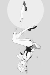  1other amputee androgynous broken cojima commentary_request dated gem_uniform_(houseki_no_kuni) goshenite_(houseki_no_kuni) greyscale houseki_no_kuni monochrome other_focus plantar_flexion severed_leg severed_limb shards shirt shoe_dangle short_hair shorts signature smile solo suspender_shorts suspenders uniform upside-down 