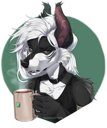  2017 anthro bat beverage black_nose black_sclera blood bodily_fluids clothed clothing container cup digital_media_(artwork) female hair hauringu holding_object mammal nosebleed solo tea tea_bag white_hair yellow_eyes 