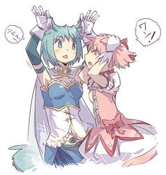  2girls animal_ears armband belt blue_eyes blue_hair cape cat_ears cat_tail commentary_request dog_ears dog_tail gloves gmork kaname_madoka kaname_madoka_(magical_girl) kemonomimi_mode magical_girl mahou_shoujo_madoka_magica mahou_shoujo_madoka_magica_(anime) miki_sayaka miki_sayaka_(magical_girl) multiple_girls pink_hair short_hair soul_gem tail 