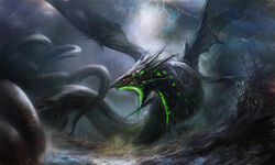  commentary_request dragon fantasy glowing glowing_eyes hayaken_sarena lightning monster no_humans ocean original photoshop_(medium) ship storm water watercraft 