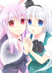  2girls animal_ears bad_id bad_pixiv_id blazer blue_eyes blush fuusha ghost hairband holding_hands jacket konpaku_youmu konpaku_youmu_(ghost) long_hair looking_at_viewer multiple_girls pink_hair purple_hair rabbit_ears red_eyes reisen_udongein_inaba short_hair smile touhou white_hair 