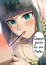  blunt_bangs blush cleopatra_(fate) cleopatra_(third_ascension)_(fate) close-up commentary_request earrings embarrassed english_text eye_contact fate/grand_order fate_(series) female food green_eyes green_hair highres hoop_earrings imminent_kiss jewelry lips long_hair looking_at_another mouth_hold necklace nhaliz out_of_frame pocky pocky_day pocky_kiss shared_food signature solo_focus speech_bubble sweatdrop 