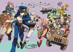  3girls 6+boys alessi anubis_(stand) bird boingo cameo_(jojo) car chains commentary_request daniel_j._d&#039;arby dio_brando ebony_devil empress_(stand) enya_geil everyone forever_(jojo) gakuran gem gray_fly_(jojo) green_gemstone hat high_priestess_(stand) hol_horse iggy_(jojo) jean_pierre_polnareff jeep jojo_no_kimyou_na_bouken joseph_joestar joseph_joestar_(old) judgement_(stand) kakyoin_noriaki kujo_jotaro mannish_boy mariah_(jojo) midler mohammed_avdol motor_vehicle multiple_boys multiple_girls n&#039;doul natsuno_(veryroll) oingo orangutan pet_shop photoshop_(medium) rubber_soul school_uniform stardust_crusaders steely_dan sword terence_t._d&#039;arby the_sun_(stand) vanilla_ice weapon zz_(jojo) 