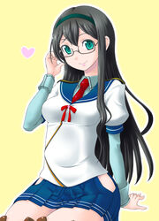  adjusting_hair aqua_eyes arm_support black_hair commentary_request female glasses green_hairband hairband heart highres hip_vent kantai_collection long_hair looking_at_viewer ooyodo_(kancolle) school_uniform semi-rimless_eyewear serafuku sitting skirt smile solo under-rim_eyewear yaso_shigeru 