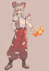  bad_id bad_pixiv_id female fire fujiwara_no_mokou full_body hair_ribbon long_hair pants ribbon shino_(r_shughart) simple_background solo standing touhou 