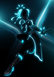  blue_theme boots bosslogic bracelet bun_cover china_dress chinese_clothes chun-li derivative_work double_bun dress female fighting_stance hair_bun jewelry monochrome mori_toshiaki neon_trim pelvic_curtain photoshop_(medium) sash solo spiked_bracelet spikes street_fighter street_fighter_iv_(series) third-party_edit tron 