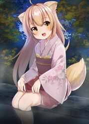  :d animal_ears apron blush commentary_request female floral_print fox_ears fox_girl fox_tail hair_between_eyes head_tilt highres japanese_clothes kimono konohana_kitan light_brown_hair long_hair long_sleeves looking_at_viewer night night_sky obi open_mouth outdoors pink_kimono print_kimono red_apron sakurachoco sash short_kimono sidelocks sitting sky smile soaking_feet solo star_(sky) starry_sky tail tree very_long_hair waist_apron water wide_sleeves yellow_eyes yuzu_(konohana_kitan) 