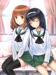  2girls bad_id bad_pixiv_id black_hair black_legwear blouse blunt_bangs brown_eyes brown_hair closed_eyes couch curtains girls_und_panzer green_skirt hairband long_hair long_sleeves looking_at_viewer miniskirt multiple_girls neckerchief ooarai_school_uniform orange_eyes orange_hair pleated_skirt reizei_mako school_uniform serafuku shirt short_hair sitting skirt sleeping sleeping_upright smile takebe_saori thighhighs umasanjin v_arms white_shirt window 