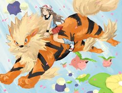  arcanine brown_eyes brown_hair commentary_request female flower hat hoppip jumpluff kuensan124 leaf_(pokemon) loose_socks pokemon pokemon_(creature) pokemon_frlg porkpie_hat riding riding_pokemon skiploom skirt socks tail 