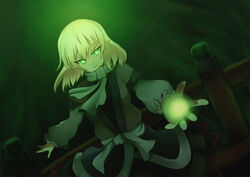  blonde_hair commentary_request female greave_(asterism) green_eyes mizuhashi_parsee pointy_ears short_hair solo touhou 