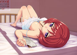  bare_legs barefoot bed bow breasts breasts_apart calendar_(object) chemise commentary_request coupe50 covered_nipples downblouse dress eating female food love_live! love_live!_school_idol_project lying medium_breasts mouth_hold nishikino_maki no_bra off_shoulder on_back on_bed pocky purple_eyes red_hair shiny_skin short_hair solo strap_slip upside-down window_shadow 