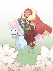  2boys absurdres armor beard blush_stickers cape chibi commentary_request facial_hair fate/zero fate_(series) flower green_hair highres horse iskandar_(fate) msg01 multiple_boys photoshop_(medium) red_hair waver_velvet 