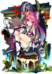  animal_ears bell bottle comiket_86 commentary_request female full_body glasses grin hair_bell hair_ornament kiseru leaf leaf_on_head leg_up long_hair looking_at_viewer maple_leaf oil-paper_umbrella okobo original photoshop_(medium) pince-nez pink_eyes pink_hair raccoon_ears raccoon_girl raccoon_tail sake_bottle sandals shirokitsune sitting smile smoking_pipe solo tail tanuki umbrella very_long_hair 