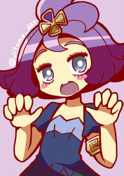  acerola_(pokemon) armlet blue_eyes blush_stickers bright_pupils character_name collarbone commentary_request dress female flipped_hair hair_ornament open_mouth pokemon pokemon_sm purple_background purple_dress purple_hair short_hair short_sleeves simple_background soboro_(jitome_dan) solo teeth topknot twitter_username upper_body z-move z-move_trainer_pose 