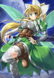  bike_shorts blonde_hair boots breasts commentary_request elf energy energy_wings fairy fairy_wings female green_eyes green_wings highres large_breasts leafa long_hair md5_mismatch moon multiple_wings photoshop_(medium) pointy_ears ponytail setomi_sora sheath sheathed solo sword sword_art_online transparent_wings very_long_hair weapon wings 